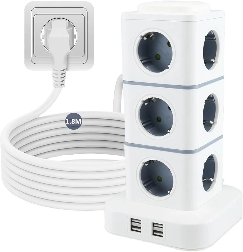 12 Fach Steckdosenturm mit USB A & USB C, Überspannungsschutz, 2500W Mehrfachsteckdose für Büro & Zuhause