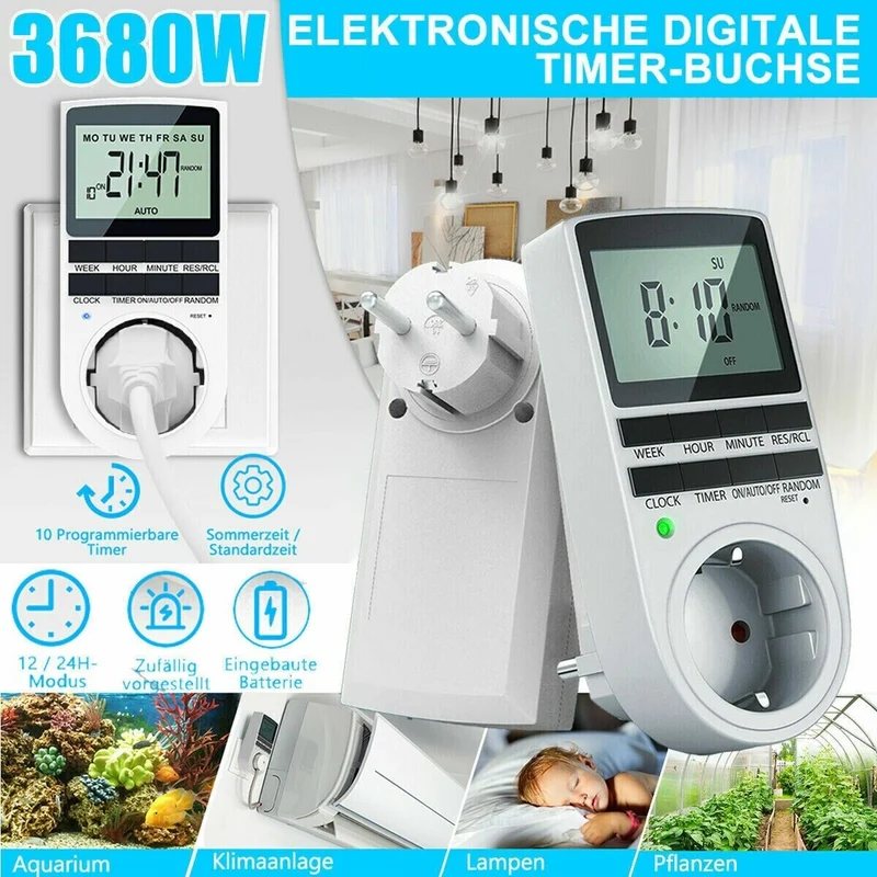 Digitale Zeitschaltuhr Steckdosen Timer Wochenzeitschaltuhr 24Std 10Prog 3680W