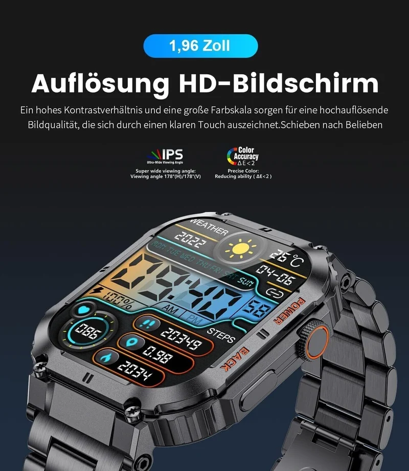 Smartwatch Herren Militärische mit Telefonfunktion,1.96'' HD Touchscreen,100+ Sp