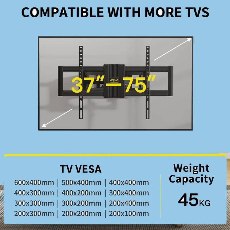 Alphamount TV Wandhalterung für 37–75 Zoll | Schwenkbar & Neigbar | Max 45kg