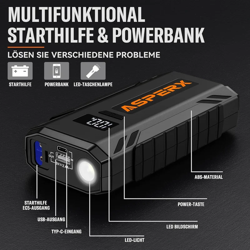 Auto Starthilfe Powerbank 2000A – 12V Booster mit LED, USB Powerbank & Sicherheitsfunktionen für Benzin- und Dieselfahrzeuge