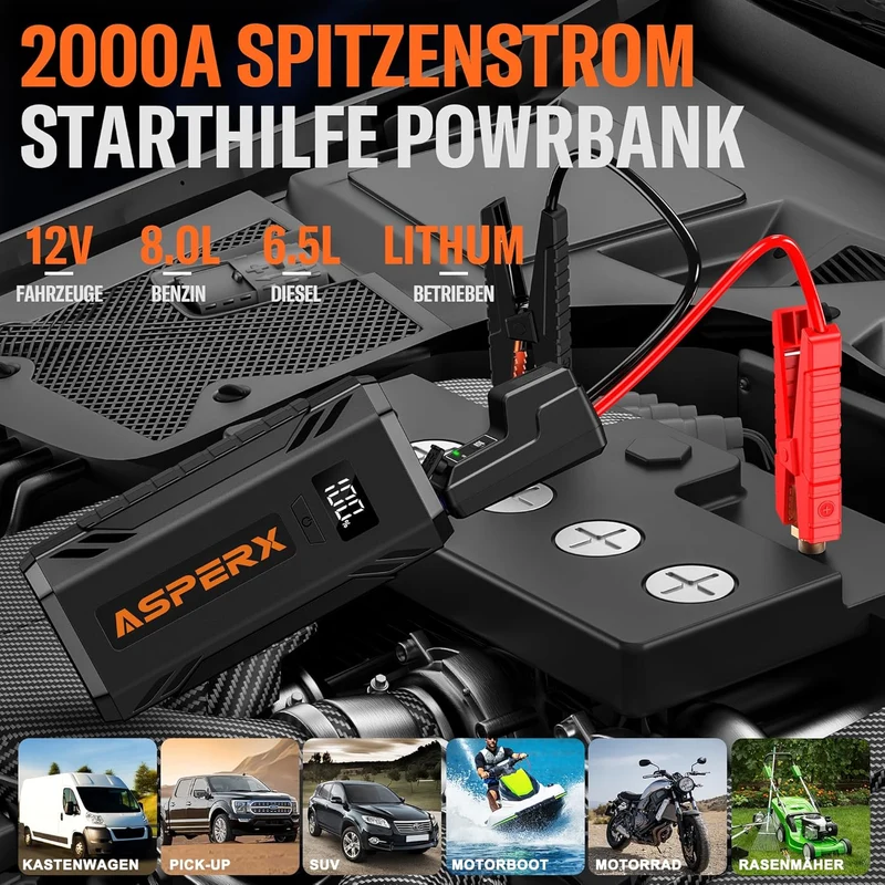 Auto Starthilfe Powerbank 2000A – 12V Booster mit LED, USB Powerbank & Sicherheitsfunktionen für Benzin- und Dieselfahrzeuge