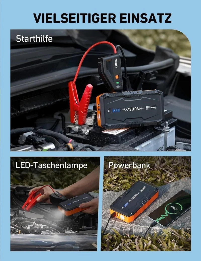 KFZ Starthilfe 1500A 12V Powerbank Starter mit Ladegerät LED USB Boost