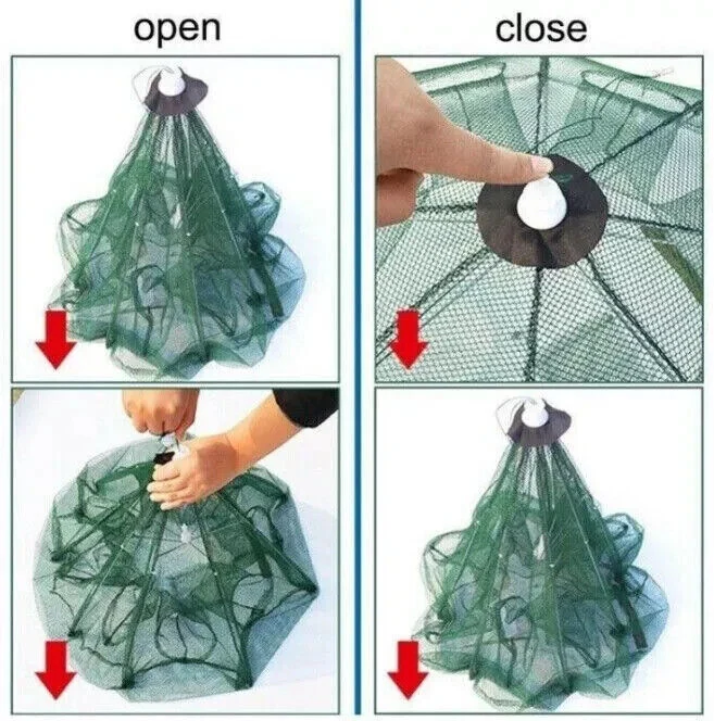 Faltbare Fischfalle mit 6 Eingängen – Reuse aus Nylon für Fische, Garnelen und Krebse inklusive 6 m Seil