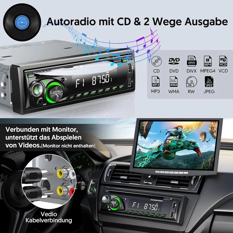 1DIN Autoradio Bluetooth CD DVD Player USB SD AUX RDS Freisprecheinrichtung