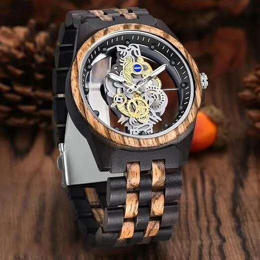 Holzuhr Herren Bambusuhr Quarz Armbanduhr Holz Analog Skelett Design Uhr