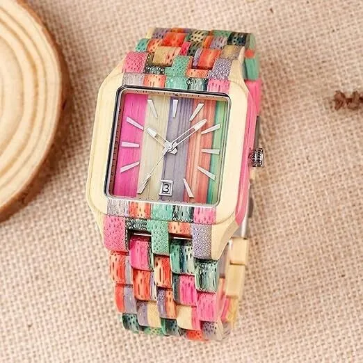 Herren Holzuhr Handgefertigte Bunte Bambus Holzuhr Analoge Quarz Armbanduhr