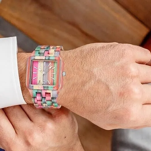 Herren Holzuhr Handgefertigte Bunte Bambus Holzuhr Analoge Quarz Armbanduhr