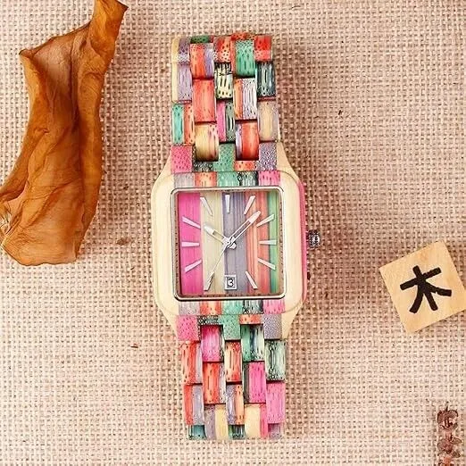 Herren Holzuhr Handgefertigte Bunte Bambus Holzuhr Analoge Quarz Armbanduhr