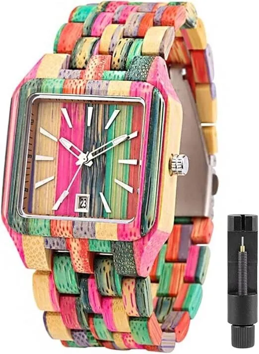 Herren Holzuhr Handgefertigte Bunte Bambus Holzuhr Analoge Quarz Armbanduhr