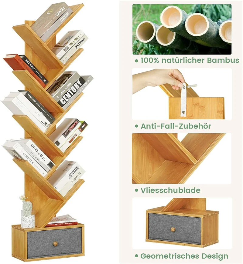 VIAGDO Bücherregal Bambus Standregal, mit 8 Ebenen und Vliesstoff-Schubladen