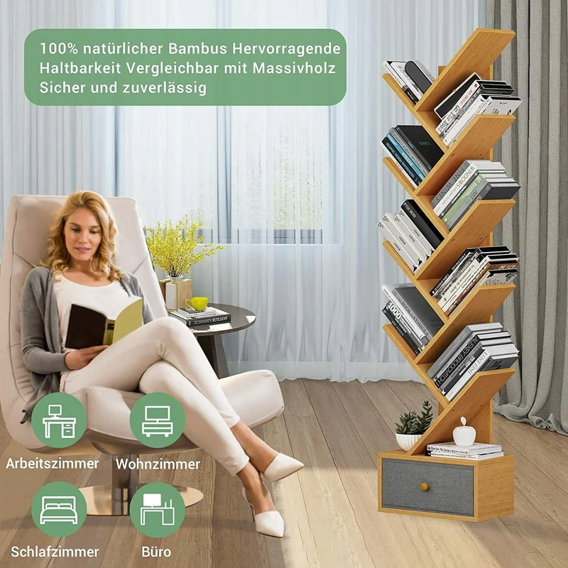 VIAGDO Bücherregal Bambus Standregal, mit 8 Ebenen und Vliesstoff-Schubladen