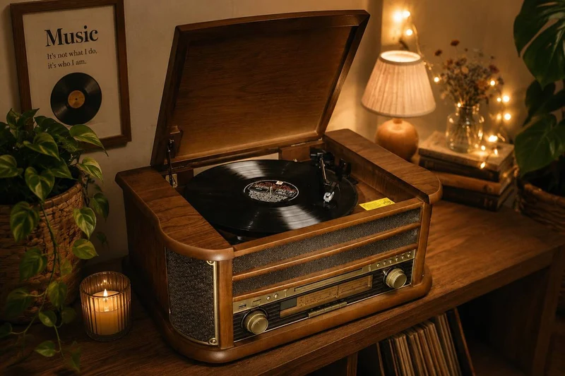 Plattenspieler Retro CD Player Radio USB AUX Stereoanlage Lautsprecher Holz