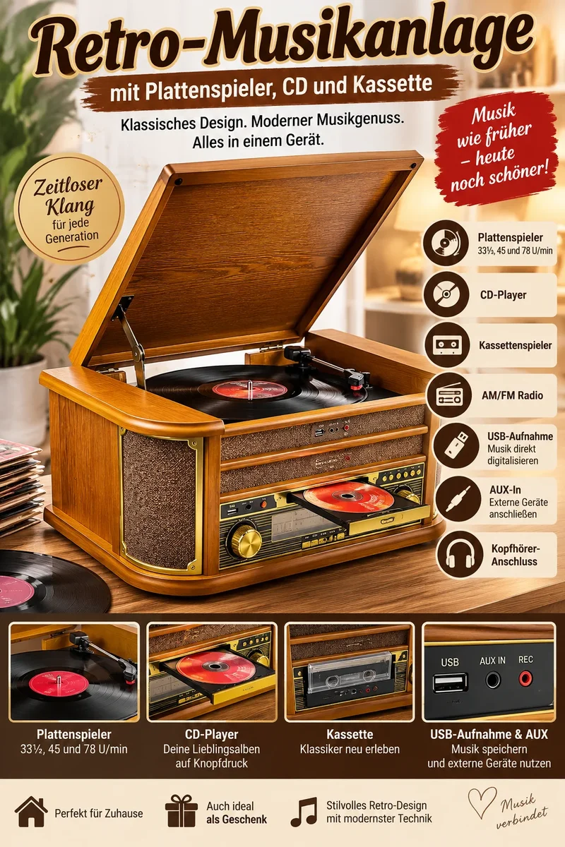 Nostalgie Holz Musikanlage – Retro Stereoanlage mit Plattenspieler, CD-Player, USB, Radio & Bluetooth