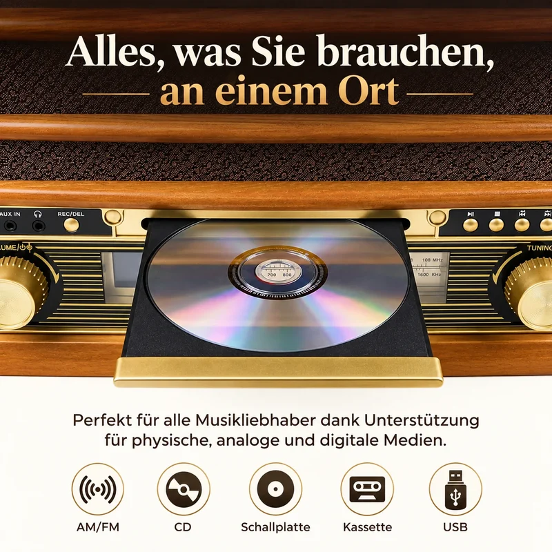 Nostalgie Holz Musikanlage – Retro Stereoanlage mit Plattenspieler, CD-Player, USB, Radio & Bluetooth