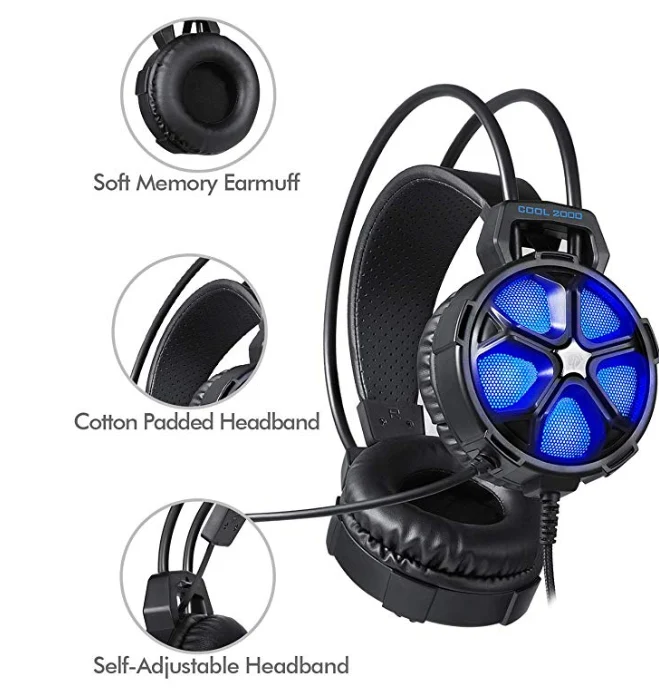 Gaming Headset, 3,5mm Over-ear gaming Gamer Kopfhörer mit Mikrofon LED Blau neu