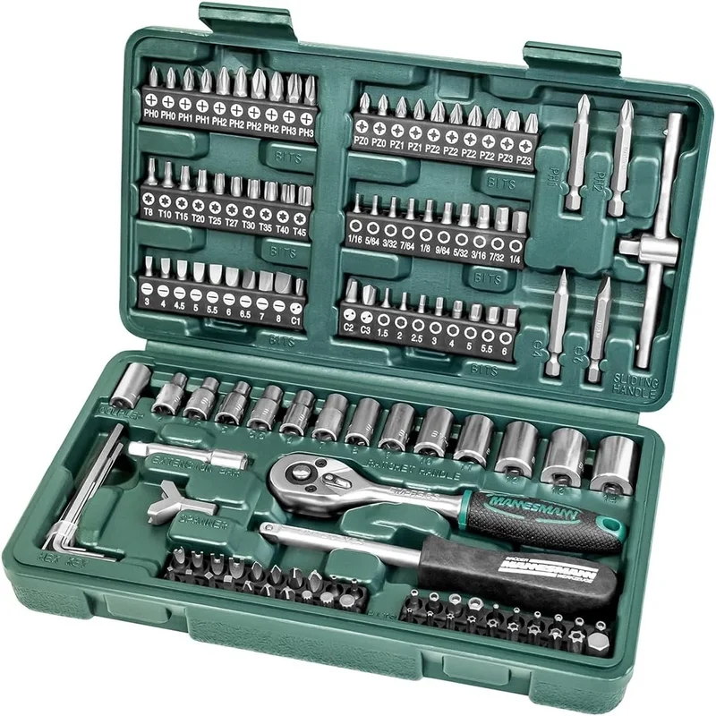 Brüder Mannesmann Steckschlüssel- & Bitsatz 130-teilig – Werkzeugkoffer mit Ratsche, Stecknüssen und 100 Bits