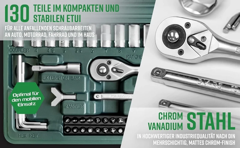 Brüder Mannesmann Steckschlüssel- & Bitsatz 130-teilig – Werkzeugkoffer mit Ratsche, Stecknüssen und 100 Bits
