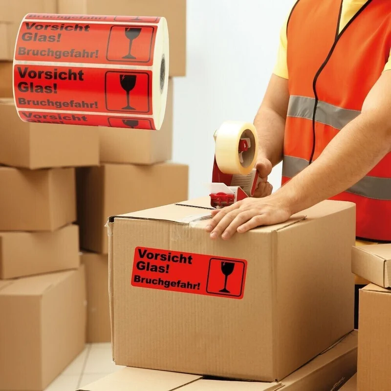 50× Warnetiketten „VORSICHT GLAS“ – 150 × 48 mm, Neonorange, starke Haftung