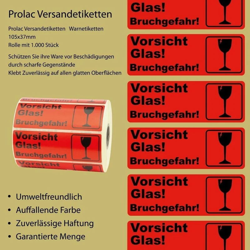 50× Warnetiketten „VORSICHT GLAS“ – 150 × 48 mm, Neonorange, starke Haftung