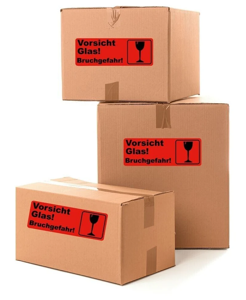 50× Warnetiketten „VORSICHT GLAS“ – 150 × 48 mm, Neonorange, starke Haftung