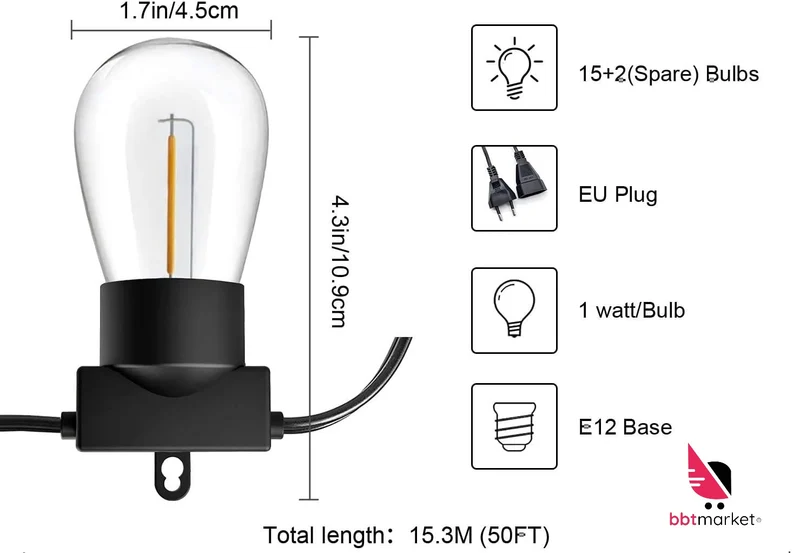 LED-Lichterkette Warmweiß 15+2 S14 Birnen Alle-Wetter Nutzbar Länge:15.3M Strom
