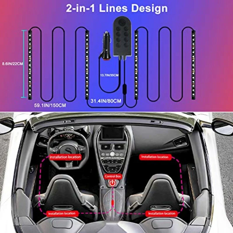 LED Innenbeleuchtung Auto, 4pcs 48 LED Auto LED Strip, Upgrade Zwei-Linien APP