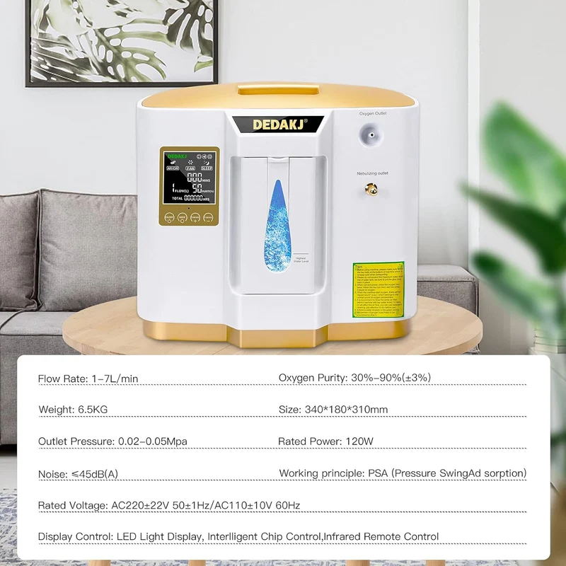 DEDAKJ Sauerstoffkonzentrator für Zuhause – 1–7 L/min einstellbar, 30–90% Sauerstoffreinheit, mit Fernbedienung & Zerstäubungsfunktion