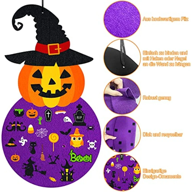 Halloween Filz Kürbis Set 55-teilig – Deko & Bastelset mit Hexe, Geistern & Spinnen