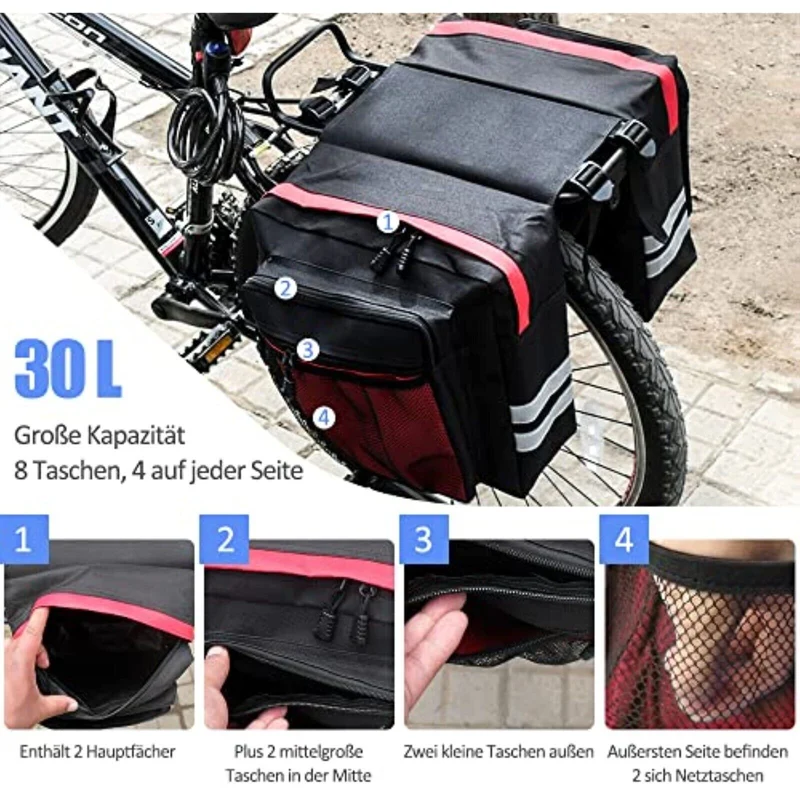 30L Fahrrad Gepäckträgertasche Doppeltasche – Wasserdichte Fahrradtasche für Gepäckträger mit Reflektoren