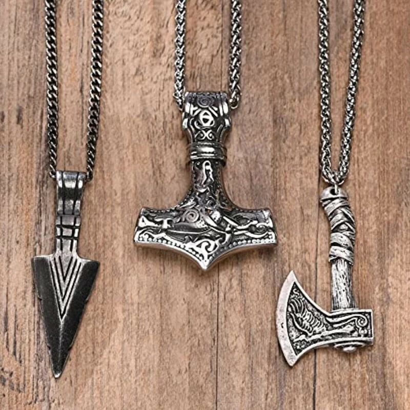 3 Stück Nordischen Wikinger Schmuck Thors Hammer Nordischen Mjolnir Axt Anhänger