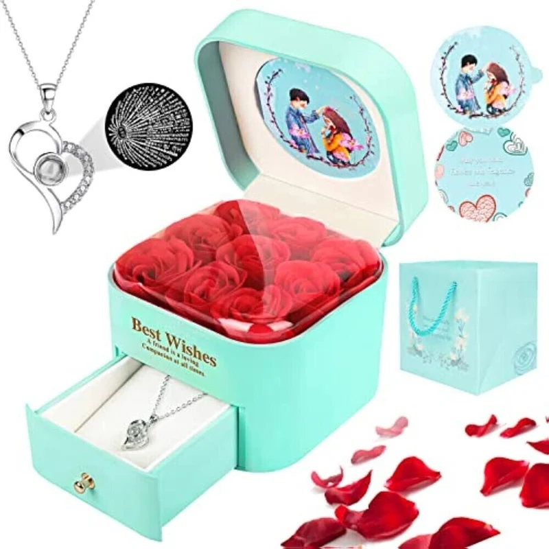Valentinstag Jahrestag Ewige Echte Rot Rose Rosenbox Geschenkbox+Halskette