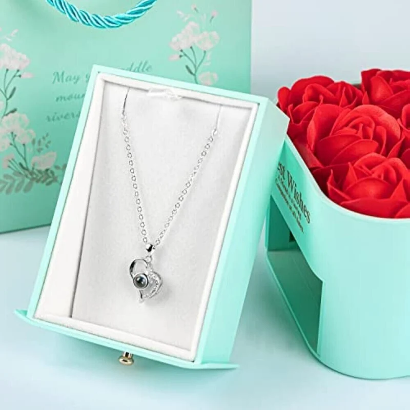 Valentinstag Jahrestag Ewige Echte Rot Rose Rosenbox Geschenkbox+Halskette