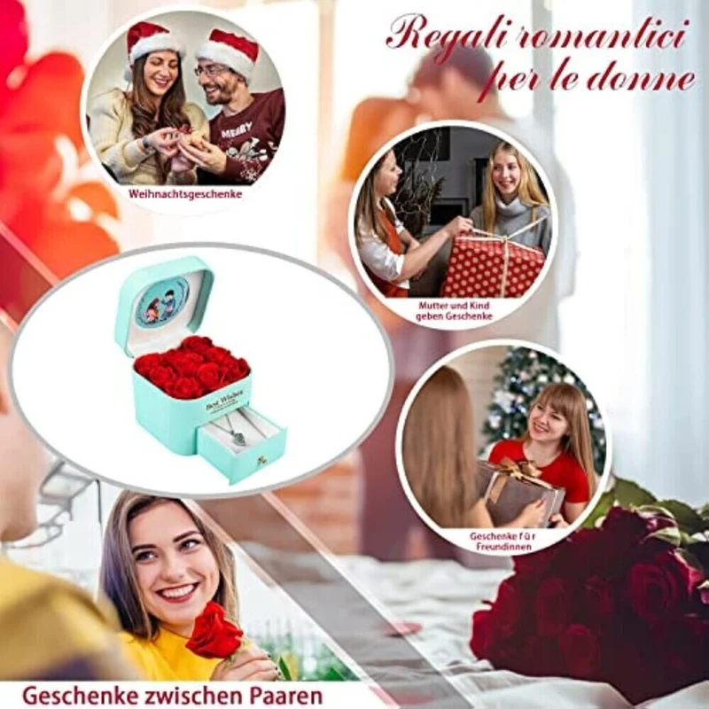 Valentinstag Jahrestag Ewige Echte Rot Rose Rosenbox Geschenkbox+Halskette