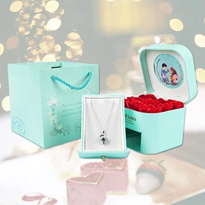 Valentinstag Jahrestag Ewige Echte Rot Rose Rosenbox Geschenkbox+Halskette