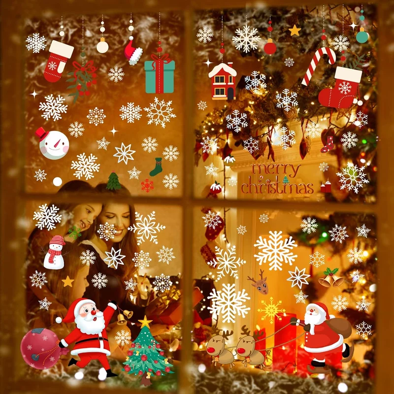 Weihnachten Fensterbilder – Selbstklebende PVC Fenstersticker, 176-teilig, Weiß & Rot, Wiederverwendbar