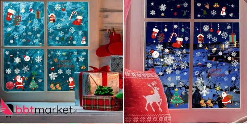 Weihnachten Fensterbilder – Selbstklebende PVC Fenstersticker, 176-teilig, Weiß & Rot, Wiederverwendbar
