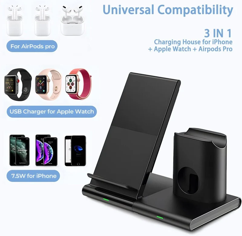 3-in-1 Kabellose Ladestation für iPhone, Apple Watch & AirPods | Schnellladegerät mit Qi-Zertifizierung, Abnehmbar & Hüllenfreundlich