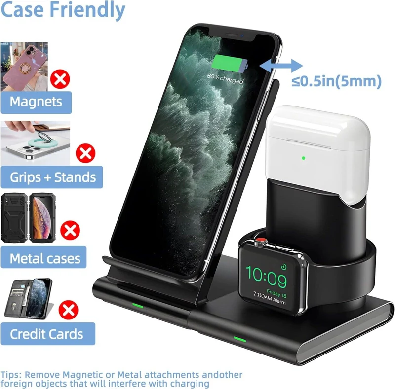 3-in-1 Kabellose Ladestation für iPhone, Apple Watch & AirPods | Schnellladegerät mit Qi-Zertifizierung, Abnehmbar & Hüllenfreundlich