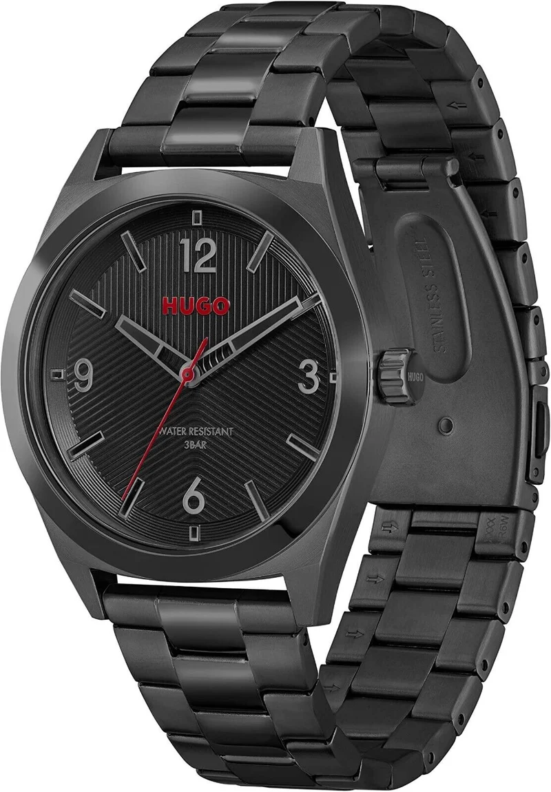 HUGO Analog Herren Armbanduhr Quarz mit Schwarzes Edelstahl schwarz Quarz-Uhrwer