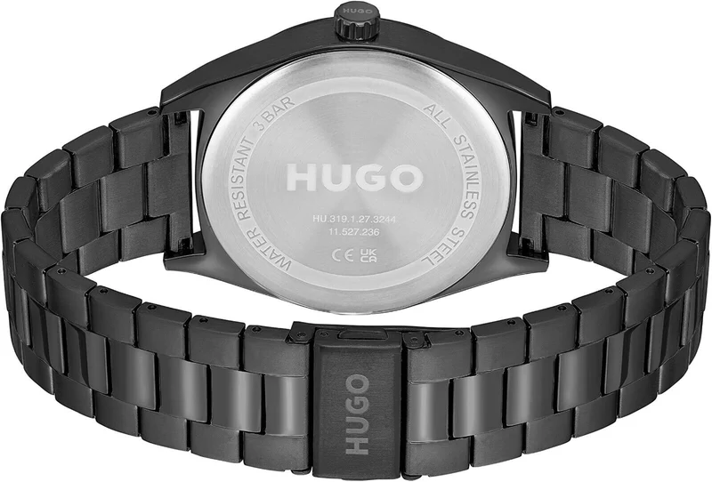 HUGO Analog Herren Armbanduhr Quarz mit Schwarzes Edelstahl schwarz Quarz-Uhrwer