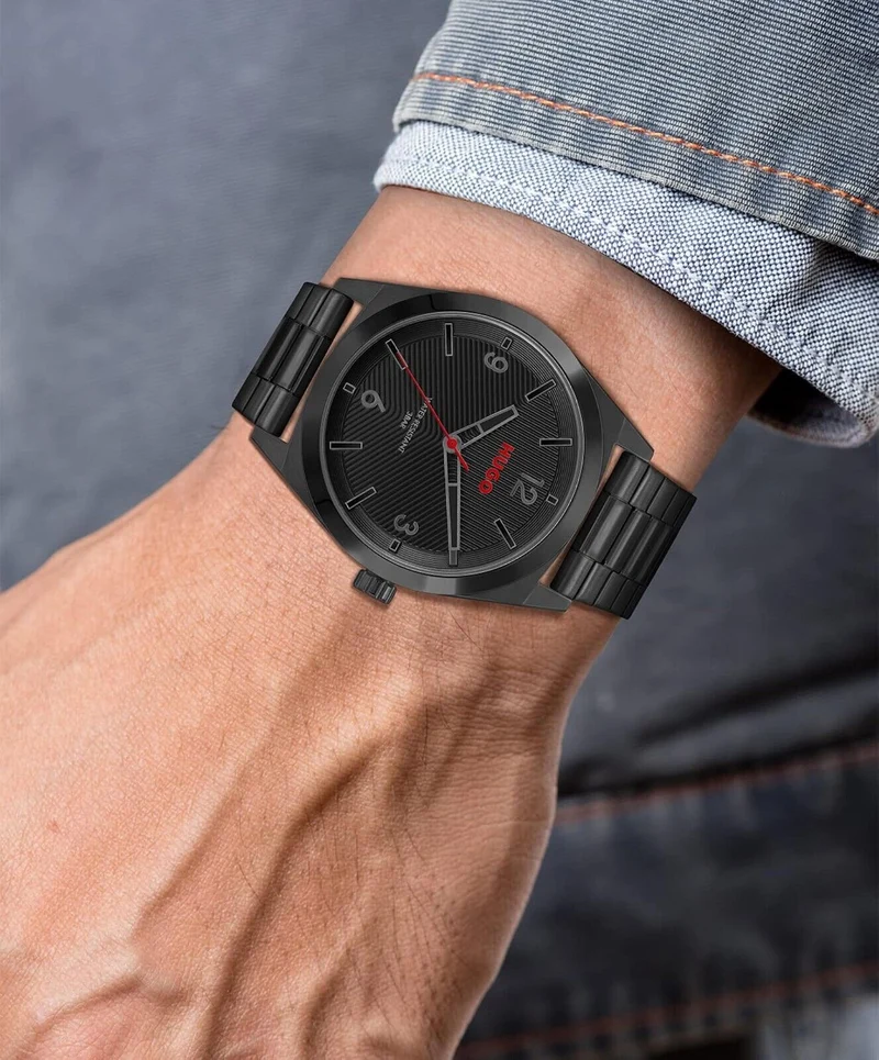 HUGO Analog Herren Armbanduhr Quarz mit Schwarzes Edelstahl schwarz Quarz-Uhrwer