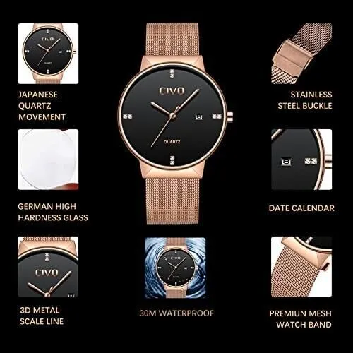 Herrenuhr 40mm Minimalistische Herrenuhr ⇒ Datum Analog Edelstahl Quarz Roségold