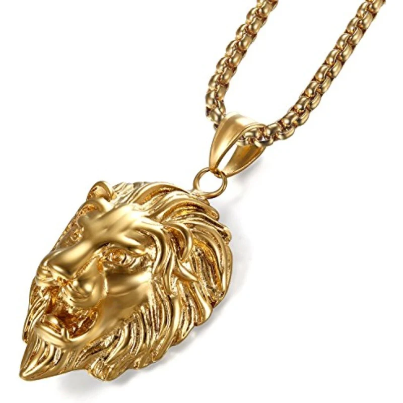 Herrenkette Herren Halskette Edelstahl Gold Anhänger Lang Löwe Löwenkopf Schmuck