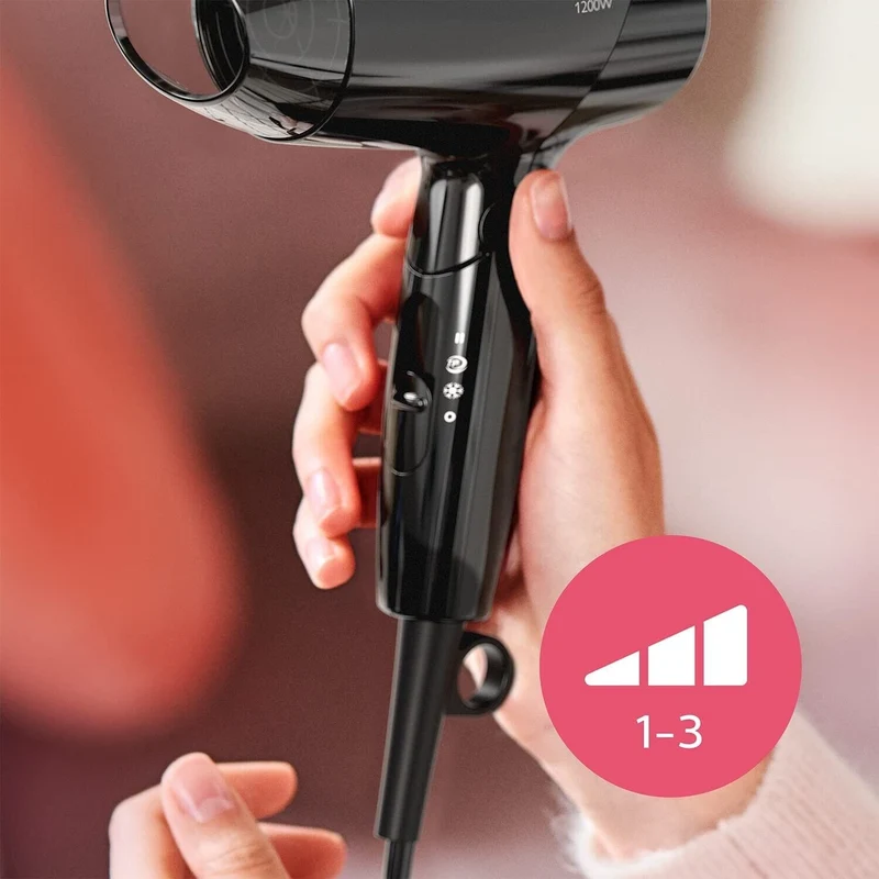 Philips BHC010/10 Haartrockner – 1200W Kompakter Reisefön mit Klappgriff, 3 Heizstufen & Kaltluftfunktion – Schwarz