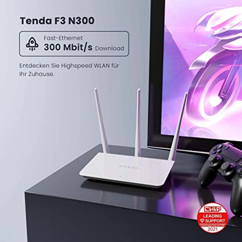 Tenda F3 N300 WLAN Router – 300 Mbit/s, 2,4 GHz, 3 x 5 dBi Antennen, Access Point & Kindersicherung