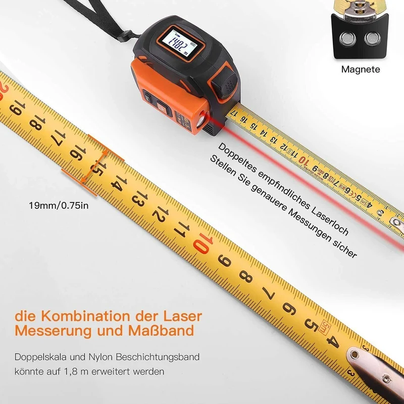 Tacklife TM-L01 Laser-Entfernungsmesser 40m mit 5m Maßband – HD-Display, Magnethaken, 2-in-1 Messgerät