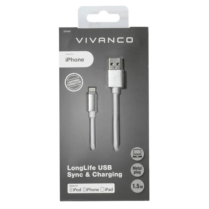 VIVANCO Hochwertiges Lightning Kabel, USB A auf Lightning Stecker, 480 Mbit/s, Nylonmantel, kompatibel mit Apple, 1,5m
