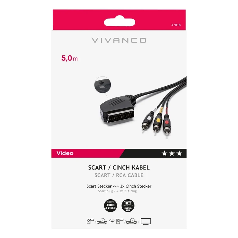 VIVANCO Hochwertiges Scart Cinch Verbindungskabel, IN/OUT, Audio Kabel, 5m, für optimale Soundübertragung