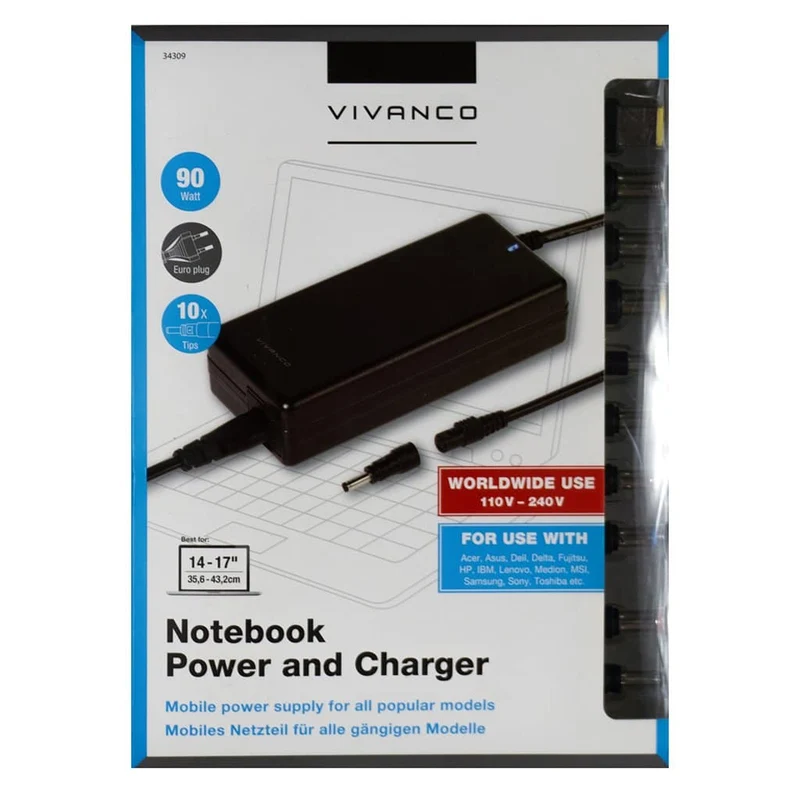 VIVANCO Universal Notebook Ladeadapter 90W mit Schutzfunktionen und 10 Steckertypen